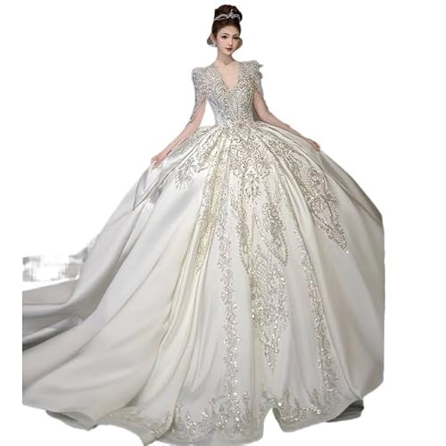 High-end Custom Satin Wedding Dress, Bridal Gown, Adorned with Delicate Sequin Embellishments, with a Cathedral-Length Train (Cathedral Train)
