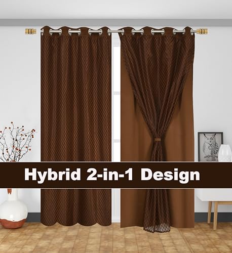 Image of IVAZA Faux Silk Hybrid Designer 100% Blackout Curtain 2-in-1|Dual-Layer Design with Decorative Mesh Overlay & Tie Ribbon|100% Light Blocking,Thermal Insulated, Long Door- 9 Feet (Pack of 2) Coffee