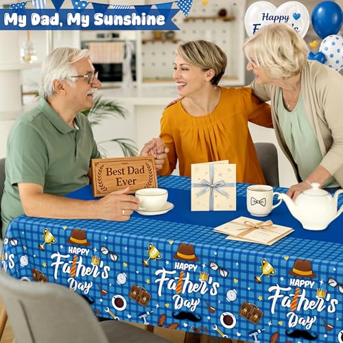 Image of QZYL 3Pcs Fathers Day Decorations, 108 inch X 54 inch Happy Father's Day Tablecloth, Disposable Blue Plastic Tablecloth, Rectangle Tie Hat Man Beard Father's Tablecloth for Dad Party Home Dinner Decor