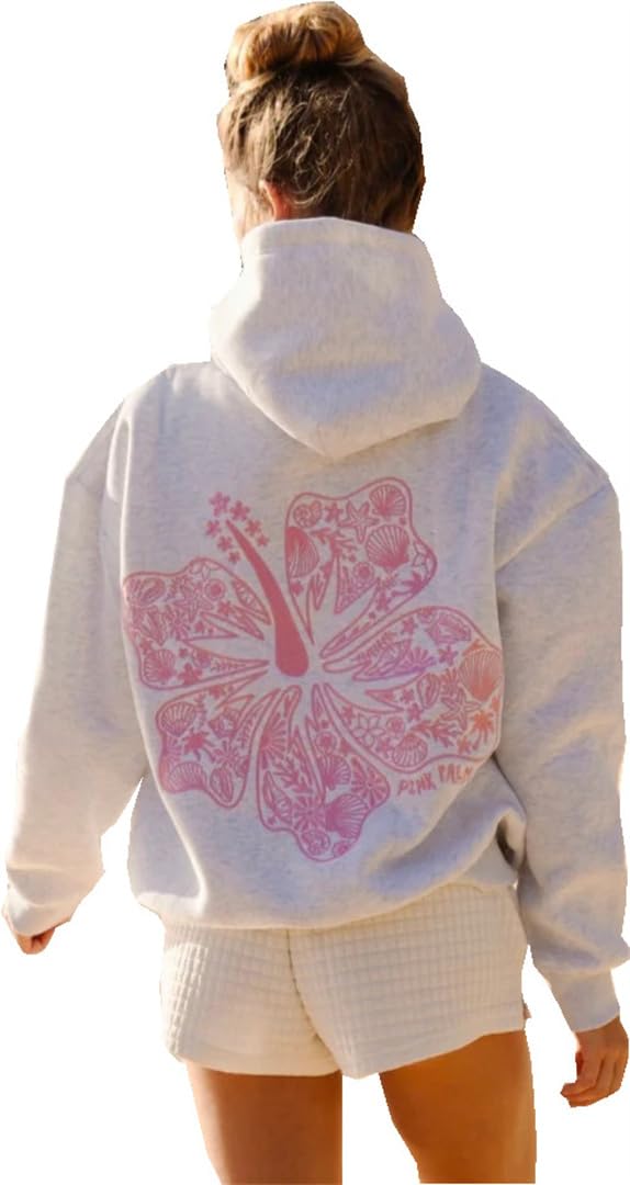 Felpe con Cappuccio Donna Tropical Floral Flower Beach Felpa Pink Palm-Puff Hoodie Pullover Manica Lunga Outwear Tops con Tasca