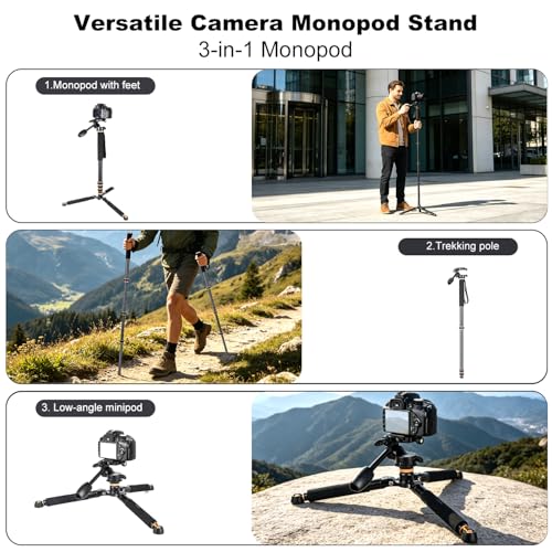 Image of Koolehaoda 71.6 inch Camera Monopod with 3-Way Pan Tilt Head & Detachable Feet | Aluminum Tripod & Monopod Photography Unipod Stick for DSLR, Camcorder, Vlog & Sports Shooting
