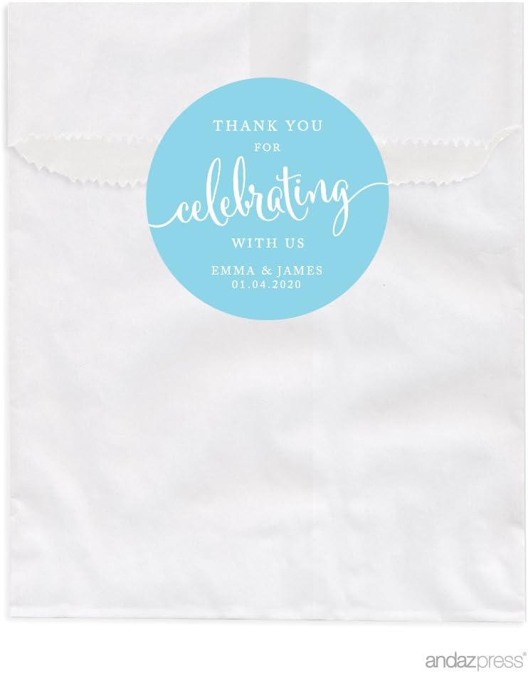Andaz Press Personalized Dessert Table Party Favor Bags, Thank You for Celebrating With Us, Baby Blue, 24-Pack, Custom For Wedding Baby Shower Graduation Candy Buffet Treat Bags