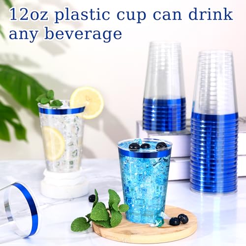 Image of 120 Pcs Blue Plastic Cups,12oz Blue Rimmed Plastic Cups,Heavy Duty Disposable Plastiic Wine Glasses Cocktail Glasses Premium Cup with Blue Rim for Party,Wedding,Christmas