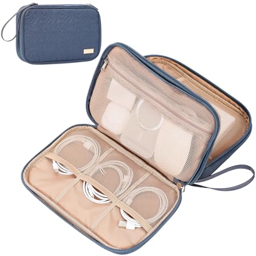 NISHEL Travel Cord Organizer Case, Double Layers Tech Electronic Bag, Essentials for Charger, Cable, Phone, Flash drive, Large, Aegean-Blue