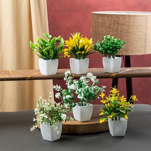 Image of JH Gallery Artificial Plants with Pot - Realistic Look, Durable Home Decor, Perfect Home Decoration Items for Living Room, Hall and Bedroom. Flower Pot for Stylish Interiors (Pack of 6)