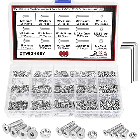 DYWISHKEY 600 PCS Metric M2 M2.5 M3, 304 Stainless Steel Flat Head Countersunk Socket Cap Bolts Screws Nuts Assortment Kit with Hex Wrenches Cover
