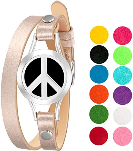 mEssentials Peace Sign Essential Oil Diffuser Bracelet, Stainless Steel Aromatherapy Locket, Leather Band with 12 Color Pads, Womens Jewelry Gift Set