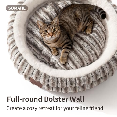 SOMAHE Cat Bed for Indoor Cats, Washable Round Plush, 20x20 Taupe Gray | Reversible Cushion + Machine Washable: soft round cat bed with plush raised sides for cozy indoor naps. - Image 6
