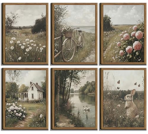 Wavkkey 6Pcs Vintage Farmhouse Wall Art French Country Natural Landscape Posters Paintings Pictures Wall Decor Canvas Print Artwork for Bedroom Living Room Office Home Decoration Unframed