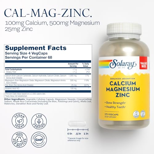 SOLARAY Calcium Magnesium Zinc and Timed Release Vitamin C - Bone Health, Immune Support Bundle, 1000mg Calcium, 500mg Magnesium, 1000mg Vitamin C Supplement, Vegan, 60-Day Guarantee, 275 VegCaps Each - Image 3