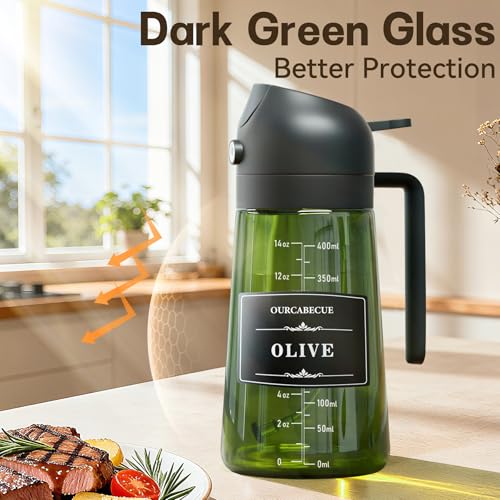 Image of Olive Oil Sprayer & Dispenser for Cooking, 16oz Dark Glass Oil Mister, 2PC | 2-in-1 Oil Sprayer & Pourer, Fine mist, Light-Blocking, Wide Mouth, Easy Refill & Clean, 8 Oil Labels, Reusable, with Scale
