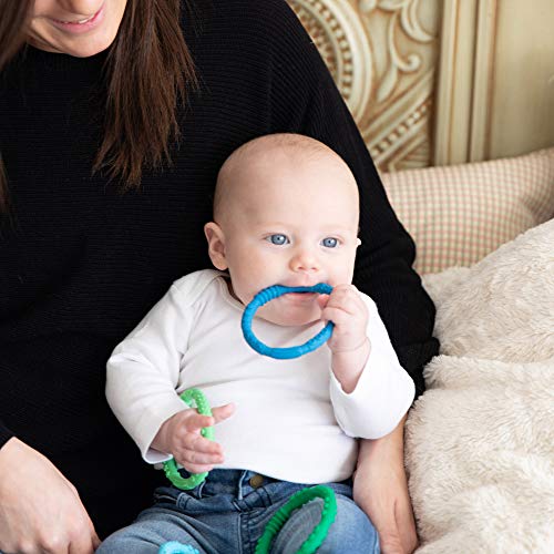 Image of Bumkins Baby Teething Freezer Toy Keys Rings, Soft Flexible Pacifier to Chew, Cool Teether Gum Relief, Babies 3 Months, Freezable, Platinum Cured Silicone, Sensory Bracelet, 4-pk Blue and Green