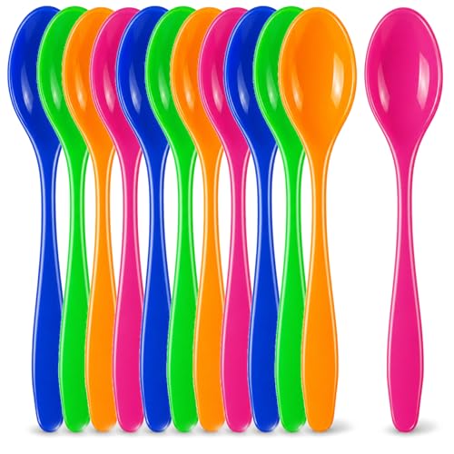 com-four 12x Eierlöffel aus Kunststoff - wiederverwendbare Dessertlöffel - BPA-freie bunte Plastiklöffel für Marmelade Dips - Mehrwegbesteck - 14 cm