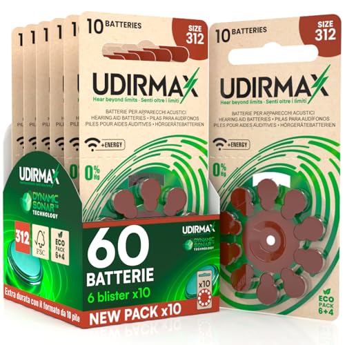 60 Batterie per Apparecchi Acustici PR41 Misura 312 (Marroni) Pile Udirmax Zinco-Aria 0% Mercurio 1,45V Eco Pack - 6 Blister Ecologici da 10 Pile