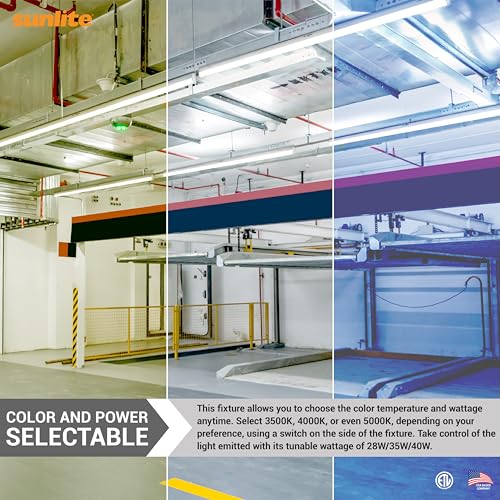 Image of Sunlite 4-Foot LED Linear Strip Light Fixture, Power Selectable 28W /35W /40W, 120-277 Volts, 3640-5200 Lmns, Color Selectable 35K /40K /50K, Dimmable, ETL & DLC Listed, RoHS, 140 Degree Beam Angle, White