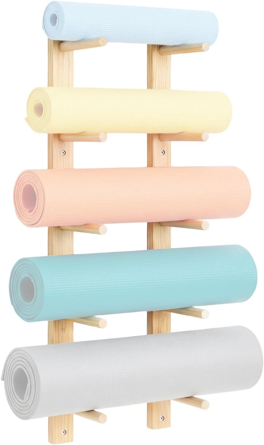 1 Pair Yoga Mat Holder Wall Mount Wooden Yoga Mat Storage Racks for Foam Roller & Fitness Accessories 5 Layer 35.4 x 7 x 2 Inches, Accommodating 5 Mats Save Space & Home Gym Organize