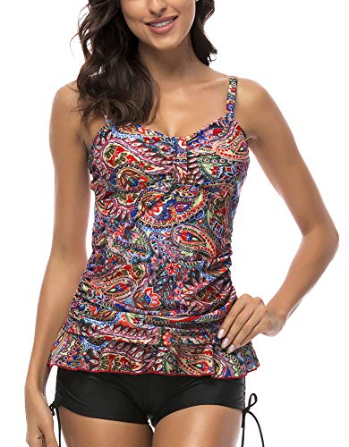 Image of Women's 50's Retro Ruched Tankini Swimsuit Top with Ruffle Hem Tummy Control