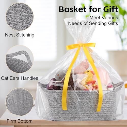 Image of OIAHOMY Woven Basket, Gift Basket Empty with Gift Bags and Ribbons, Rope Baskets for Baby Showers, Storage Baskets with Handles for Nursery, Pet Toy Organizer - Grey