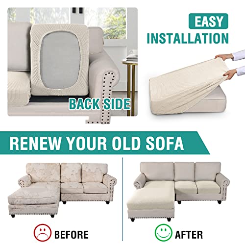 Elehealthy Sectional Couch Cover 3 Pieces Separate Cushion Couch Chaise Cover For L Shape Sectional Sofa Elastic Furniture Protector For Both Left/Right Sectional Couch (2 Seater + 1 Chaise, Beige) #TOP4