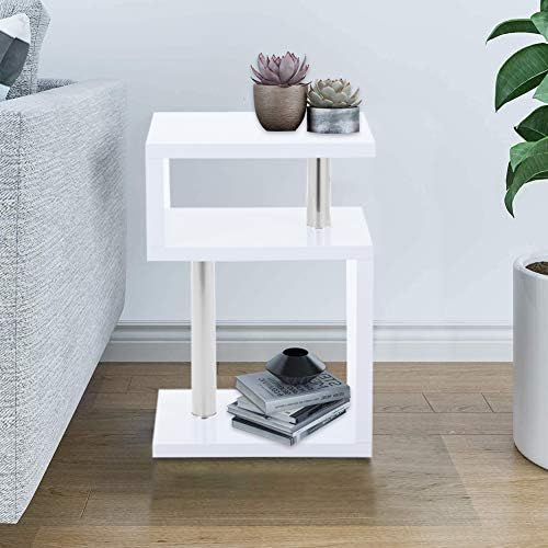 GOLDFAN High Gloss Side Table Small Coffee Table with 2 Tier Storage Shelves S Shape End Table for Living Room,White