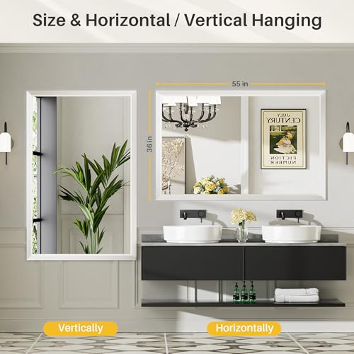 Image of 55x36 Inch White Bathroom Mirror for Wall, Thick Metal Framed Rectangle Mirrors for Over Sink, Bedroom, Living Room, Entryway, Anti-Rust, HD Tempered Glass