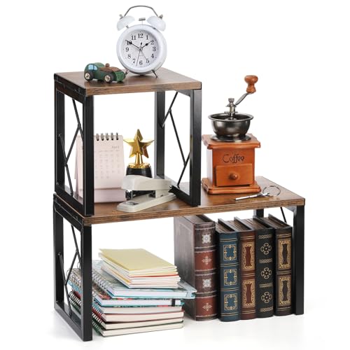 TOPZEA Desktop Shelf, Rustic Wood Small Freestanding Bookshelf Organizer Vintage