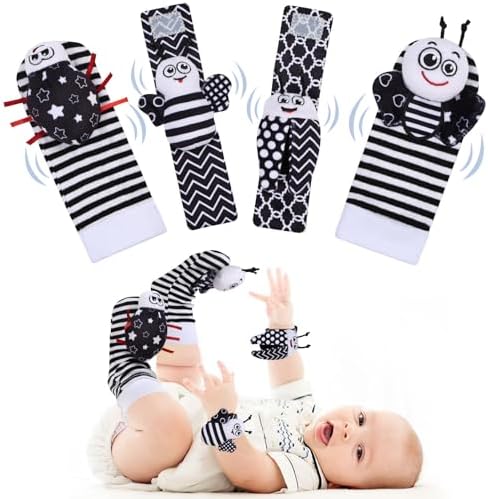 HAGOT 4PCS Rassel Baby Socken, Handgelenk Rasselsocken und Fußfinder Baby Spielzeug, Babyspielzeug Handgelenk, Neugeborenen-Spielzeug, Babyspielzeug Lernspielzeug, für 0-12 Monate