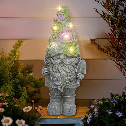 Garden Gnome Statue - Large Gnome Figurine In Flower Hat With Solar Light, Resin Garden Decor For Outdoor Patio Yard Lawn Porch Outdoor Decoration Gifts For Mom Grandma #TOP6