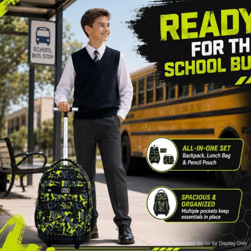 Image of 3Pcs Rolling Backpack for Boys Men, Travel Roller Backpacks with Wheels for Adults, Teens College Graffiti Wheeled Bookbag with Lunch Box(Green)