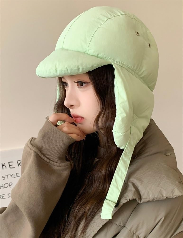 2024 Women's Down Cotton Hat with Ear Flaps Winter Windproof Warm Aviator Cap Outdoor Ski Hat Hunting Cycling Hat(Green)
