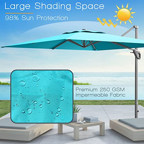 Tangkula 10Ft Patio Cantilever Umbrella, Outdoor Hanging Square Aluminum Sun Umbrella W/ 360° Rotation Function, 4-Level Tilting System & Hand-Crank, Weight Base Included, For Garden Backyard (Turquoise) #TOP7