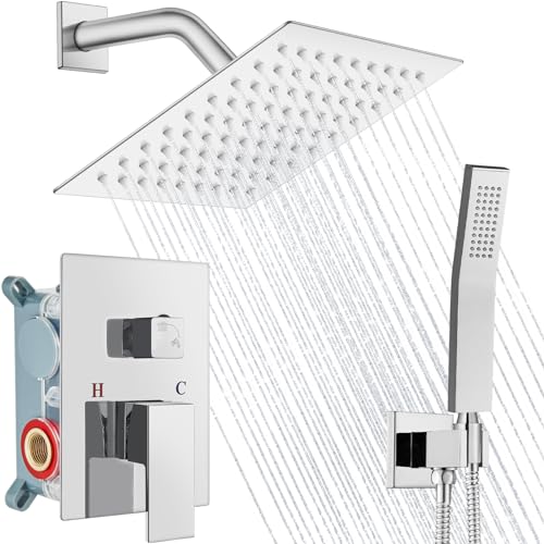 Mitigeur douche avec douchette à main et pommeau carré 10" mural en chrome