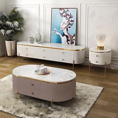 Image of Tesla Centre Table, White Marble Top with Gold Trim, Oval Modern Coffee Table with 2 Drawer Storage, Waterproof Plywood Base, PVD Metal Legs, for Living Room (Pink)