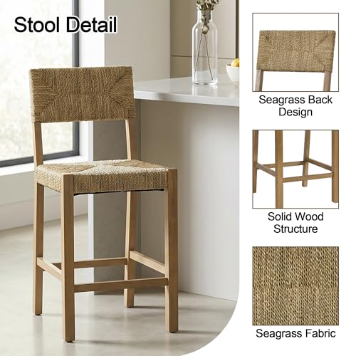 Butacos de bar DUHOME de ratán, juego de 4 unidades, altura para mostrador (24''), estilo bohemio, asiento y respaldo tejidos en pasto marino, patas de madera maciza y reposapiés, para isla de cocina, comedor y bar en el hogar miniatura 5