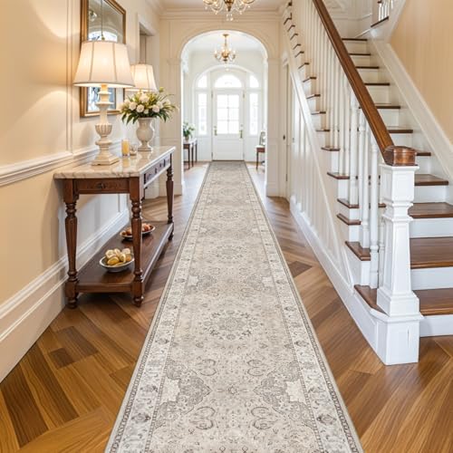 Hallway Washable Runner Rug - 3x20 Kitchen Rugs Entryway Rug Long Runner Vintage Soft Floor Mat Non Slip Indoor Farmhouse Carpet for Bathroom Living Room Bedroom (3 X 20, Beige)