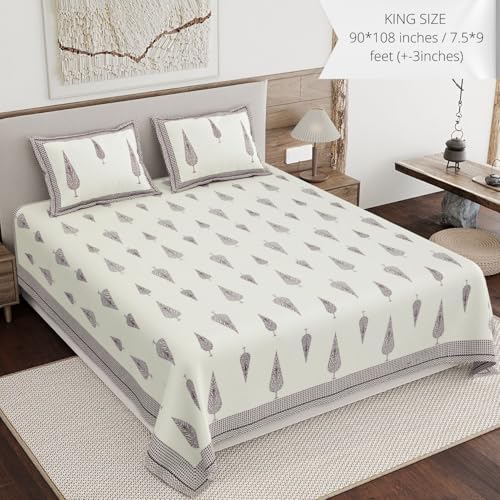 Image of Living Roots Ethnic Jaipur Block Print Double Cotton Bedsheet & 2 Pillow Covers, for Mattress Upto 6 inches Thick, No Colour Bleeding, Maroon Colour, King Size 90 * 108 inches, 120TC (606-B)