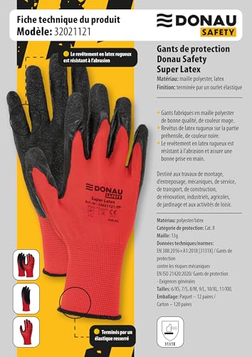 DONAU SAFETY Gants de travail avec revêtement en latex/hommes femmes/taille 10, 12 paires/rouge/noir/gants de montage gants/pour travaux de montage, mécaniciens, service, transport et travaux de – vue 4