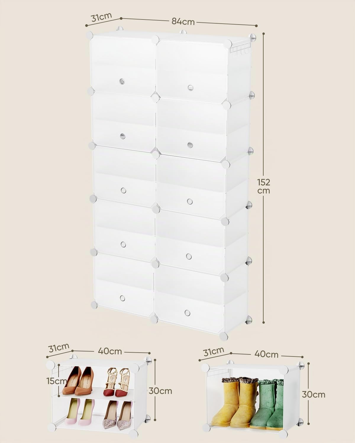 Sekey Armario Zapatero XXL 10 Compartimentos PP - Automonte con Martillo - Organizador Familiar Grande (84x31x152cm) - Almacenaje Máximo 40 Pares, Blanco