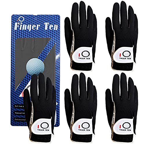 FINGER TEN Golf Gloves Men Left Hand Right Rain Grip Weathersof Value 5 Pack,Mens Golf Glove Wear Resistant Non Slip All Weather Soft Durable (Black