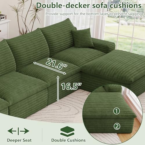 Image of 136 inch Cloud Couch Modular Sectional Sofa for Living Room, U-Shape Boneless Couch with Deep Seat, Modern Corduroy 4-Seater with Ottomans, No Assembly Required, Green