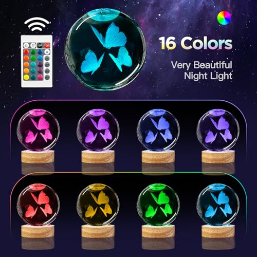 Image of 3D Butterfly Crystal Ball Night Light with Woodern Base, 3.15 inch Butterfly Figurine Glass Lamp with 16 Colors Cute Desk Decor for Home Butterfly Gifts for Women Kids Friends