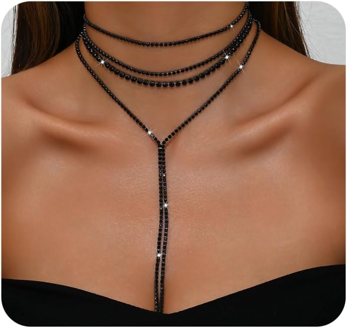 Silver Rhinestone Necklace for Women Layered Black Cubic Zirconia Choker Necklaces Set Sparkly Long Y Lariat Necklaces Trendy Prom Party Jewelry Gifts