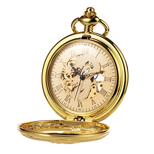 TREEWETO Mens Antique Skeleton Mechanical Golden Pocket Watch Dragon Hollow Hunter with Chain and Box