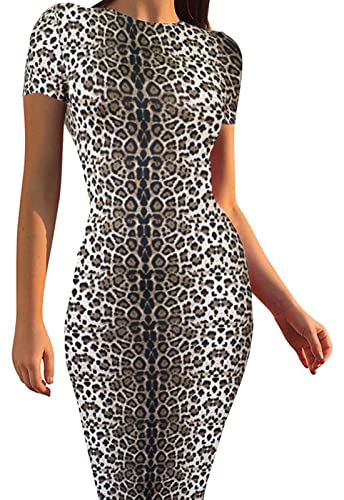 Image of Women's Long Bodycon Dresses Leopard Print Casual Maxi Club Party Tight Dress Short Sleeve