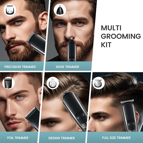 Image of 9‑in‑1 Men's Grooming Kit | Cordless USB Rechargeable Beard, Hair & Body Trimmer | Nose & Ear Trimmer | IPX6 Waterproof | Stainless Steel Blades | 120‑Min Runtime