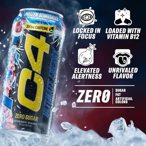 Image of C4 Ultimate Energy Drink, 300mg Caffeine, Zero Sugar, High-Performance Energy for Pre-Workout, Endurance, and Focus, Frozen Bombsicle, 16oz (Pack of 12)