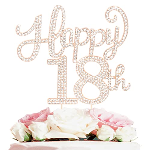 Happy 18th Birthday Decorations,18th Birthday Gold Rhinestone Cake Topper - Cheers to Eighteen Years Old Bday Party Metal Sparkly Cake Centerpieces Sign.