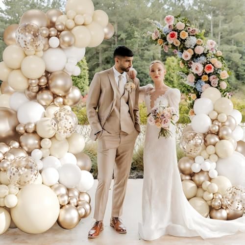 White Sand Champagne Gold Balloon Arch Kit, 143Pcs Metallic Champagne Gold Neutral Balloons Garland Arch Kit Confetti Balloons for First Communion Anniversary Engagement Wedding Birthday Decorations - Image 3