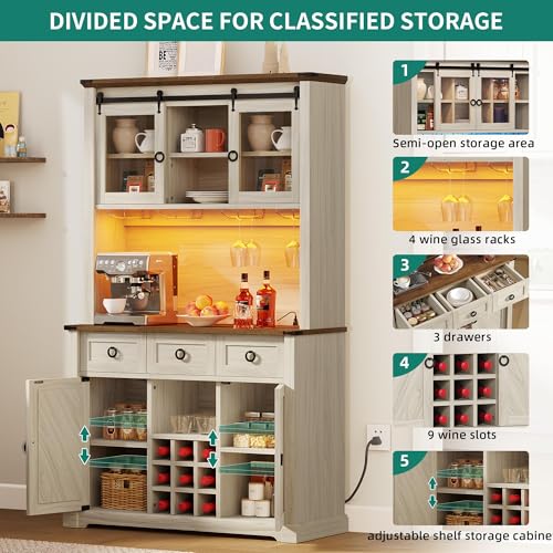 YITAHOME 72 Tall Farmhouse Kitchen Pantry Cabinet with Drawers, Bar Rack, and LED Lights - Off White/Walnut