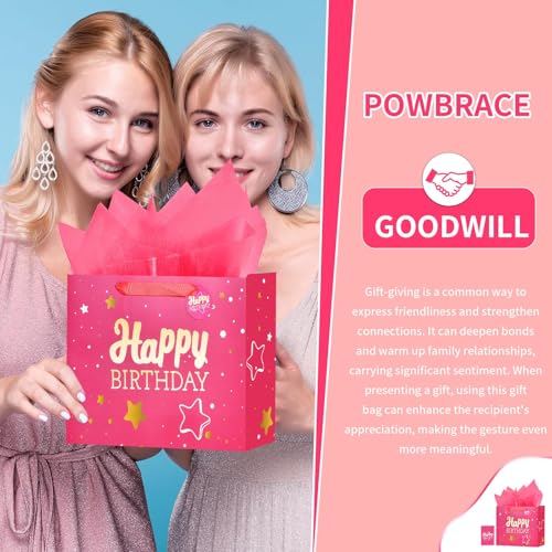 Image of Powbrace 13 inch Pink Happy Birthday Gift Bag with Tissue Paper and Greeting Card for Party,Happy Birthday Gift Bag for Men Women,Gift Bags Medium size(5 PCS Pink Hot Stamping)